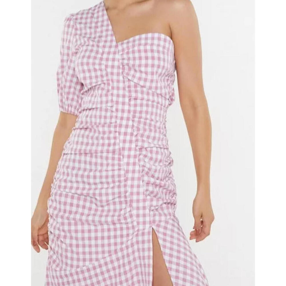 Nasty Gal Pink Gingham Ruched One Shoulder‎ Midi Dress US 6  Summer Slit